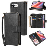 For iPhone 16e 9 Card Slots Zipper Wallet Bag Leather Phone Case(Black)