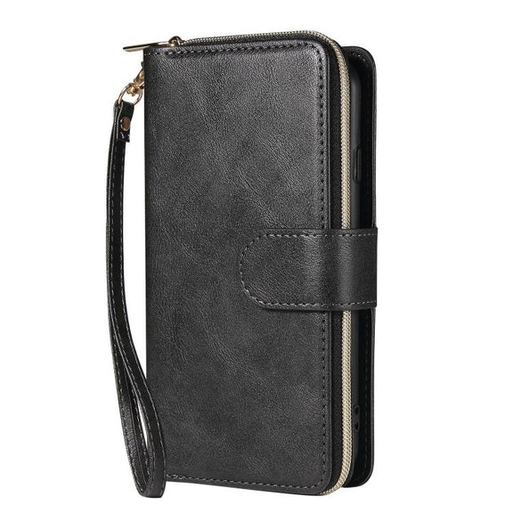 For iPhone 16e 9 Card Slots Zipper Wallet Bag Leather Phone Case(Black)