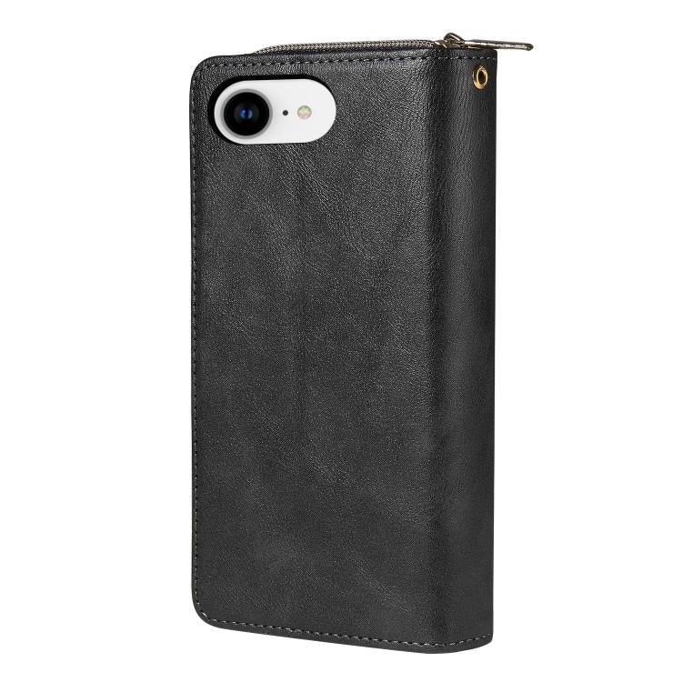 For iPhone 16e 9 Card Slots Zipper Wallet Bag Leather Phone Case(Black)
