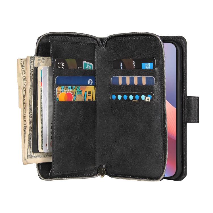 For iPhone 16e 9 Card Slots Zipper Wallet Bag Leather Phone Case(Black)
