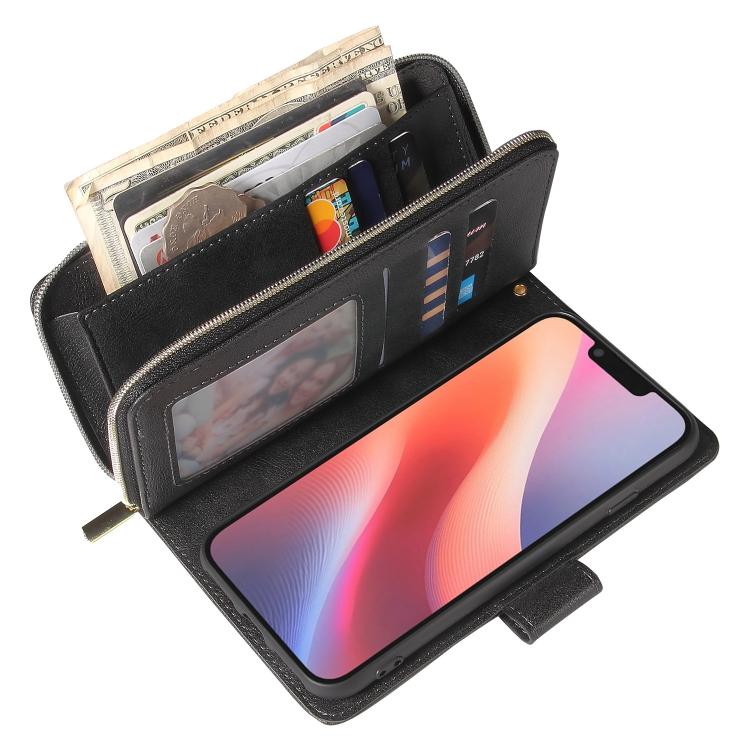 For iPhone 16e 9 Card Slots Zipper Wallet Bag Leather Phone Case(Black)