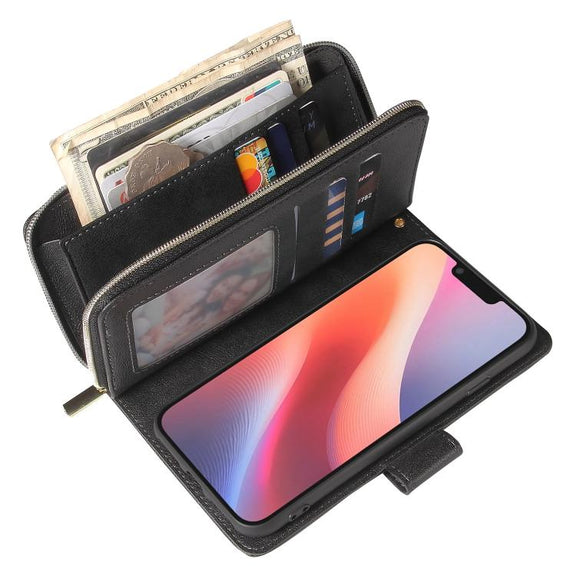 For iPhone 16e 9 Card Slots Zipper Wallet Bag Leather Phone Case(Black)