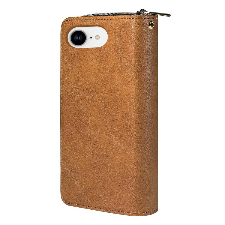 For iPhone 16e 9 Card Slots Zipper Wallet Bag Leather Phone Case(Brown)
