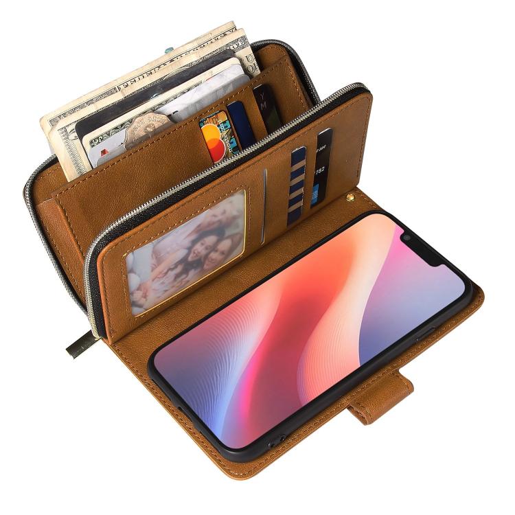 For iPhone 16e 9 Card Slots Zipper Wallet Bag Leather Phone Case(Brown)