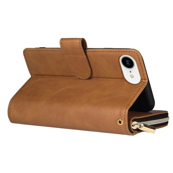 For iPhone 16e 9 Card Slots Zipper Wallet Bag Leather Phone Case(Brown)