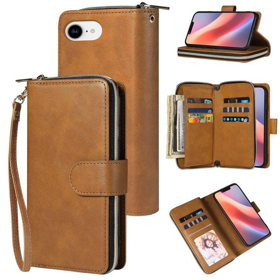 For iPhone 16e 9 Card Slots Zipper Wallet Bag Leather Phone Case(Brown)