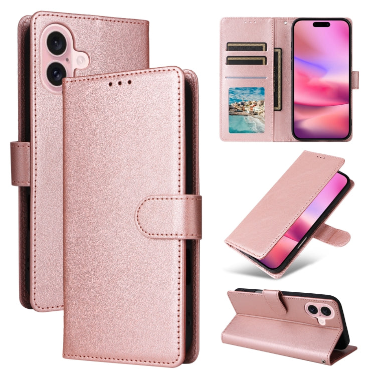 For iPhone 16 3-Card Slots Multifunctional Leather Phone Case(Rose Gold)