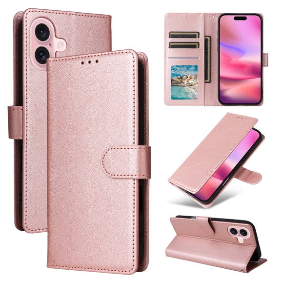 For iPhone 16 3-Card Slots Multifunctional Leather Phone Case(Rose Gold)