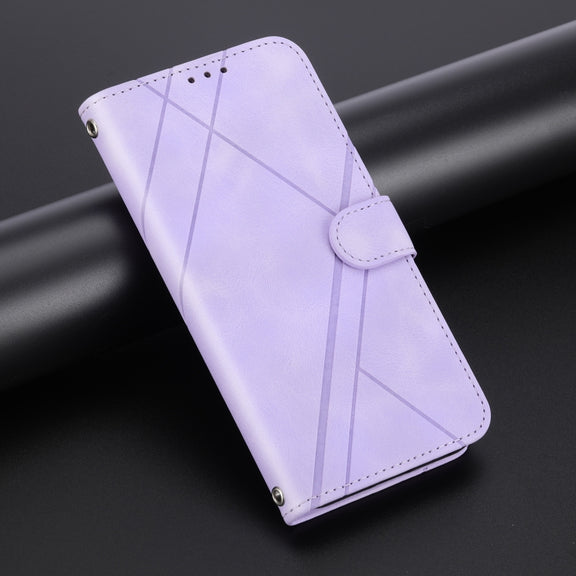 For iPhone 16 Pro Max Embossed Line Leather Phone Case with Lanyard(Purple)