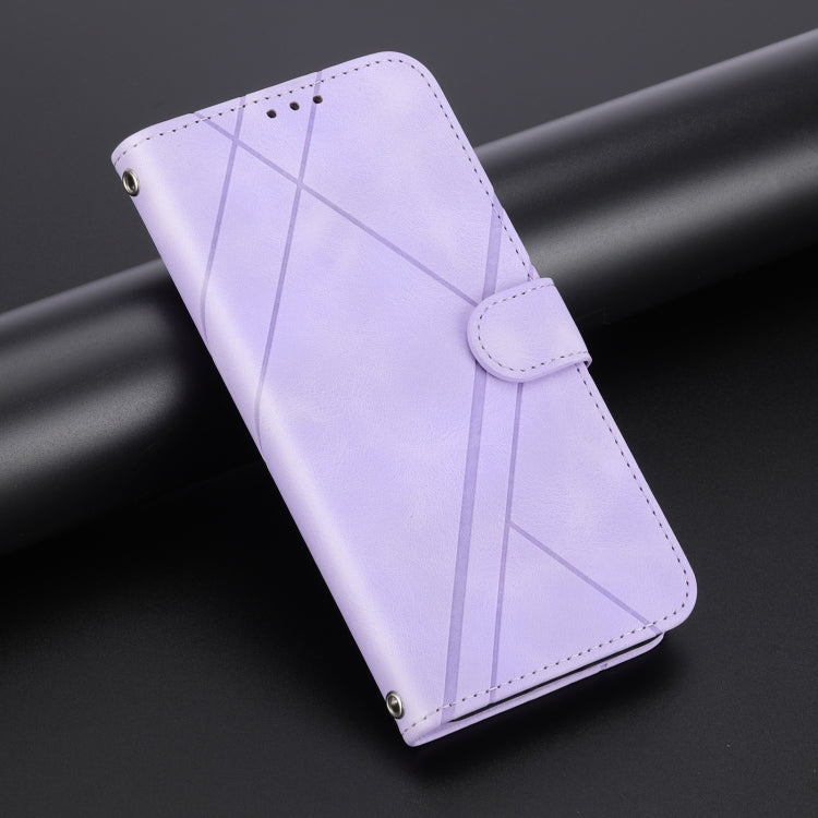 For iPhone 16 Pro Max Embossed Line Leather Phone Case with Lanyard(Purple)