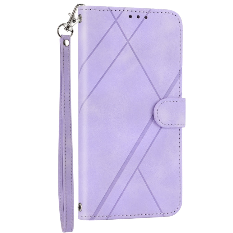 For iPhone 16 Pro Max Embossed Line Leather Phone Case with Lanyard(Purple)