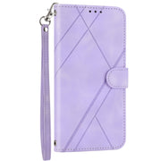 For iPhone 16 Pro Max Embossed Line Leather Phone Case with Lanyard(Purple)