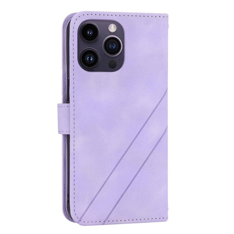 For iPhone 16 Pro Max Embossed Line Leather Phone Case with Lanyard(Purple)