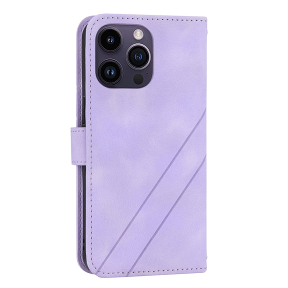 For iPhone 16 Pro Max Embossed Line Leather Phone Case with Lanyard(Purple)