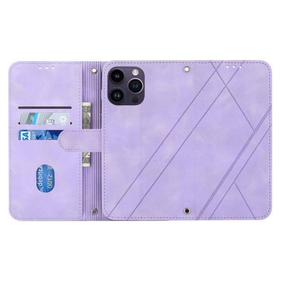For iPhone 16 Pro Max Embossed Line Leather Phone Case with Lanyard(Purple)