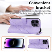 For iPhone 16 Pro Max Embossed Line Leather Phone Case with Lanyard(Purple)