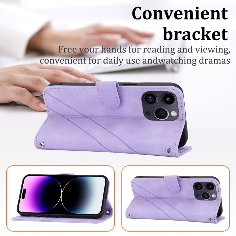 For iPhone 16 Pro Max Embossed Line Leather Phone Case with Lanyard(Purple)