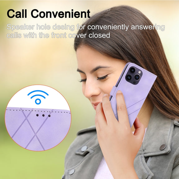 For iPhone 16 Pro Max Embossed Line Leather Phone Case with Lanyard(Purple)