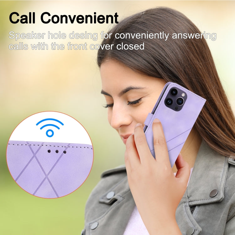 For iPhone 16 Pro Max Embossed Line Leather Phone Case with Lanyard(Purple)