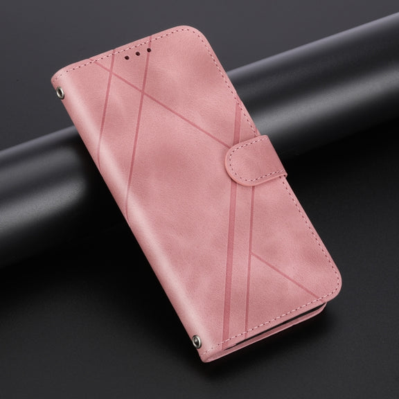 For iPhone 16 Pro Embossed Line Leather Phone Case with Lanyard(Pink)