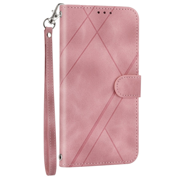 For iPhone 16 Pro Embossed Line Leather Phone Case with Lanyard(Pink)