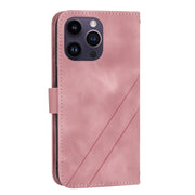 For iPhone 16 Pro Embossed Line Leather Phone Case with Lanyard(Pink)