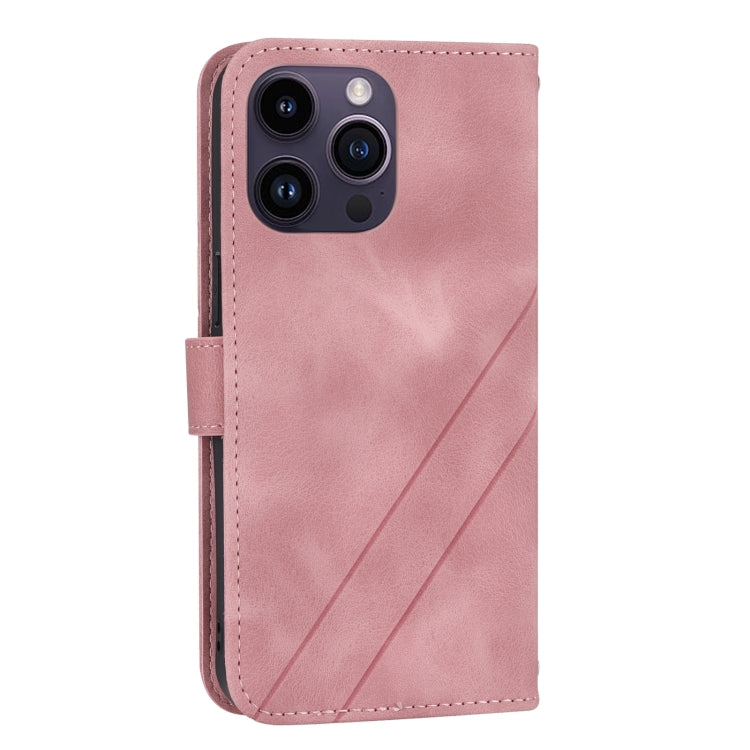 For iPhone 16 Pro Embossed Line Leather Phone Case with Lanyard(Pink)