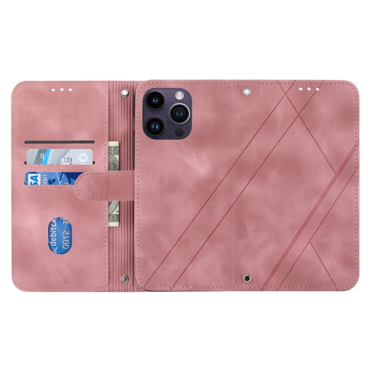 For iPhone 16 Pro Embossed Line Leather Phone Case with Lanyard(Pink)