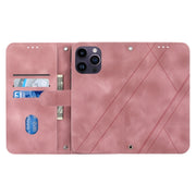 For iPhone 16 Pro Embossed Line Leather Phone Case with Lanyard(Pink)