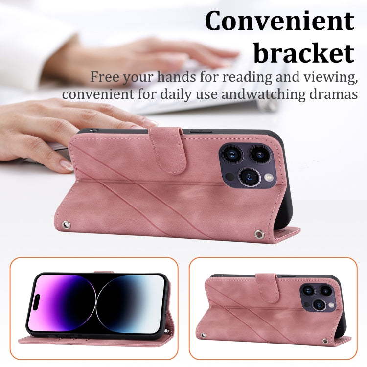 For iPhone 16 Pro Embossed Line Leather Phone Case with Lanyard(Pink)