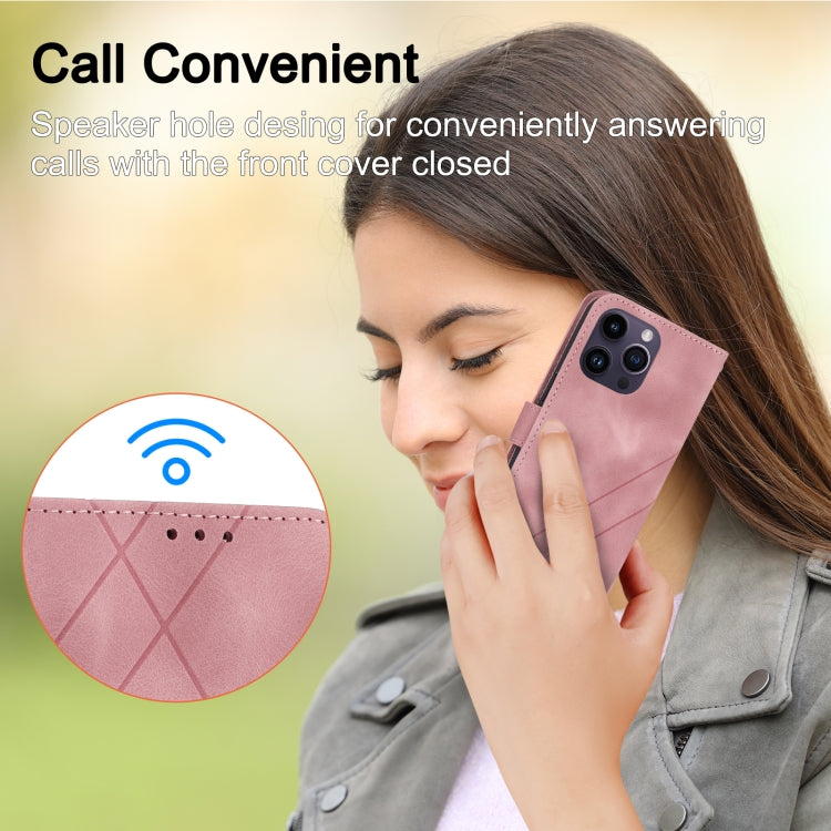 For iPhone 16 Pro Embossed Line Leather Phone Case with Lanyard(Pink)