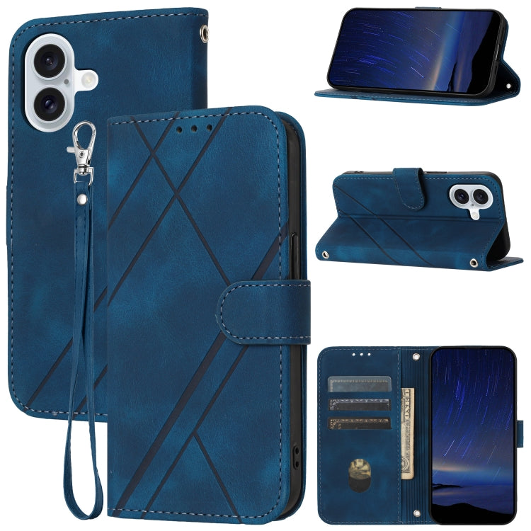 For iPhone 16 Embossed Line Leather Phone Case with Lanyard(Blue)
