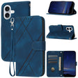 For iPhone 16 Embossed Line Leather Phone Case with Lanyard(Blue) - free shipping - PMC TechLife - Order now!