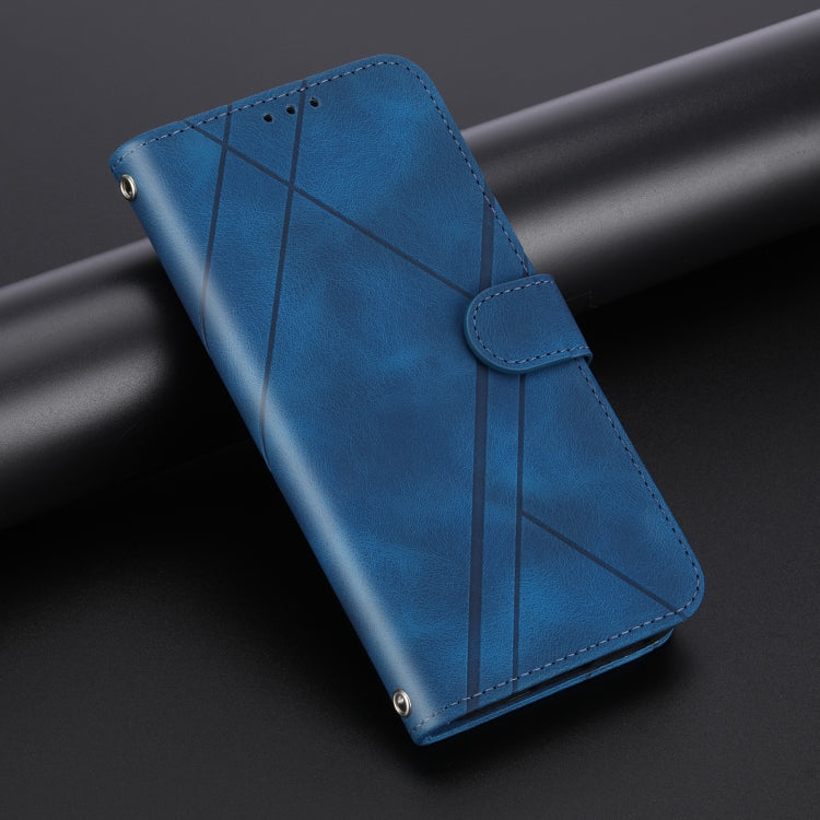 For iPhone 16 Embossed Line Leather Phone Case with Lanyard(Blue)