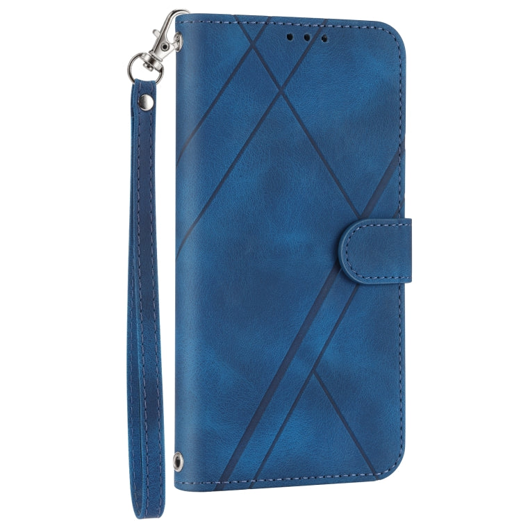 For iPhone 16 Embossed Line Leather Phone Case with Lanyard(Blue)