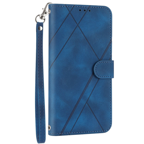 For iPhone 16 Embossed Line Leather Phone Case with Lanyard(Blue)