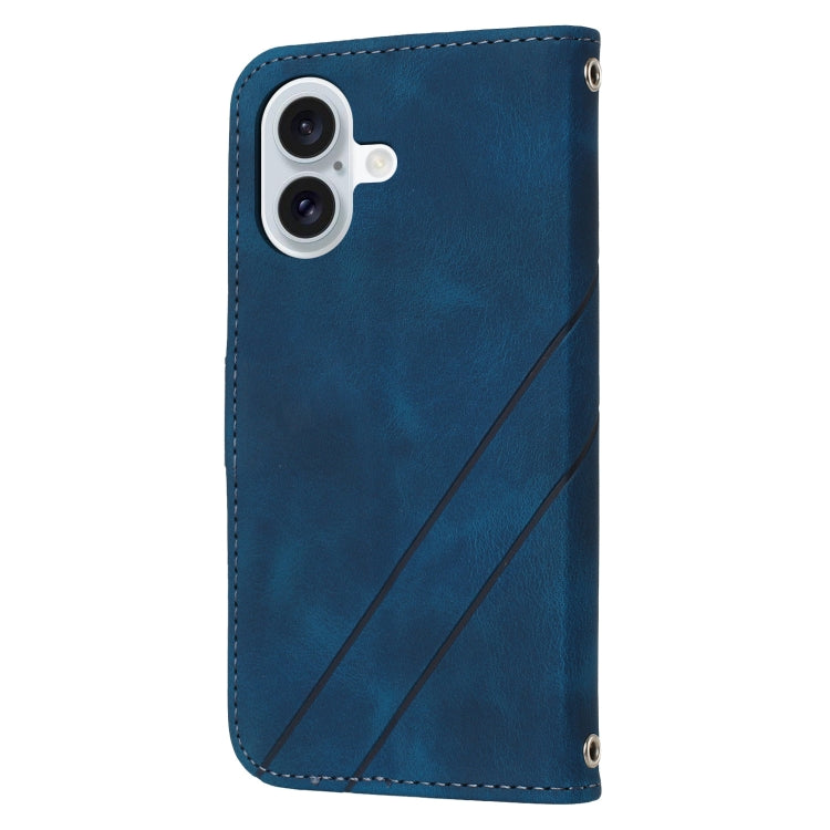 For iPhone 16 Embossed Line Leather Phone Case with Lanyard(Blue)