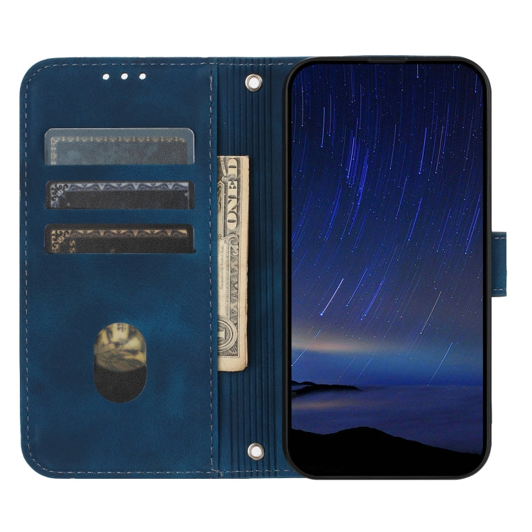 For iPhone 16 Embossed Line Leather Phone Case with Lanyard(Blue)