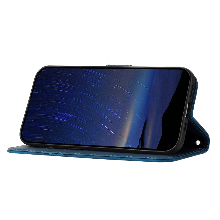 For iPhone 16 Embossed Line Leather Phone Case with Lanyard(Blue)
