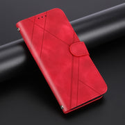 For iPhone 16e Embossed Line Leather Phone Case with Lanyard(Red)
