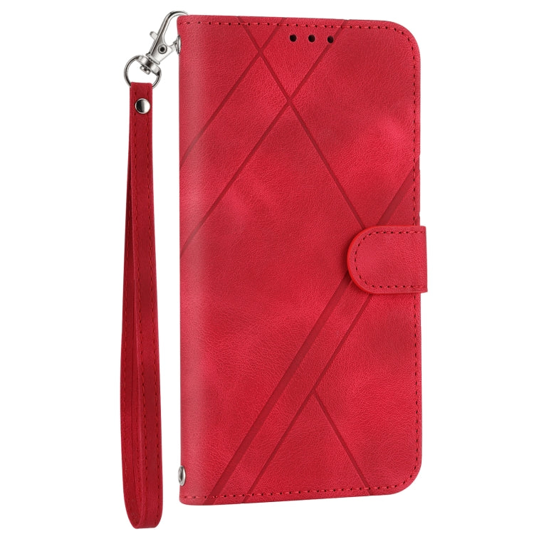 For iPhone 16e Embossed Line Leather Phone Case with Lanyard(Red)