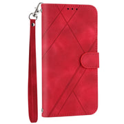 For iPhone 16e Embossed Line Leather Phone Case with Lanyard(Red)