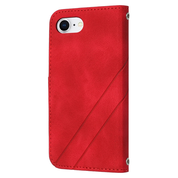 For iPhone 16e Embossed Line Leather Phone Case with Lanyard(Red)