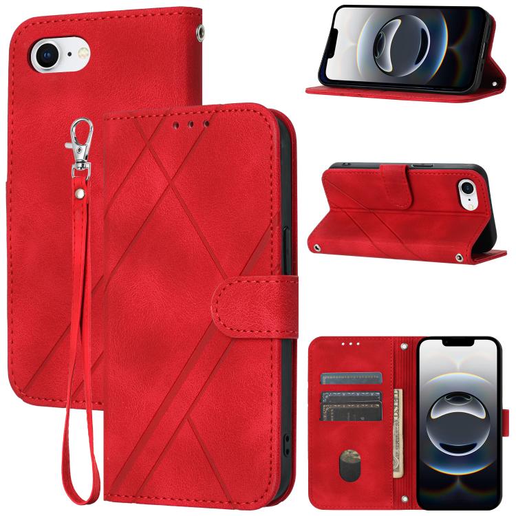 For iPhone 16e Embossed Line Leather Phone Case with Lanyard(Red)