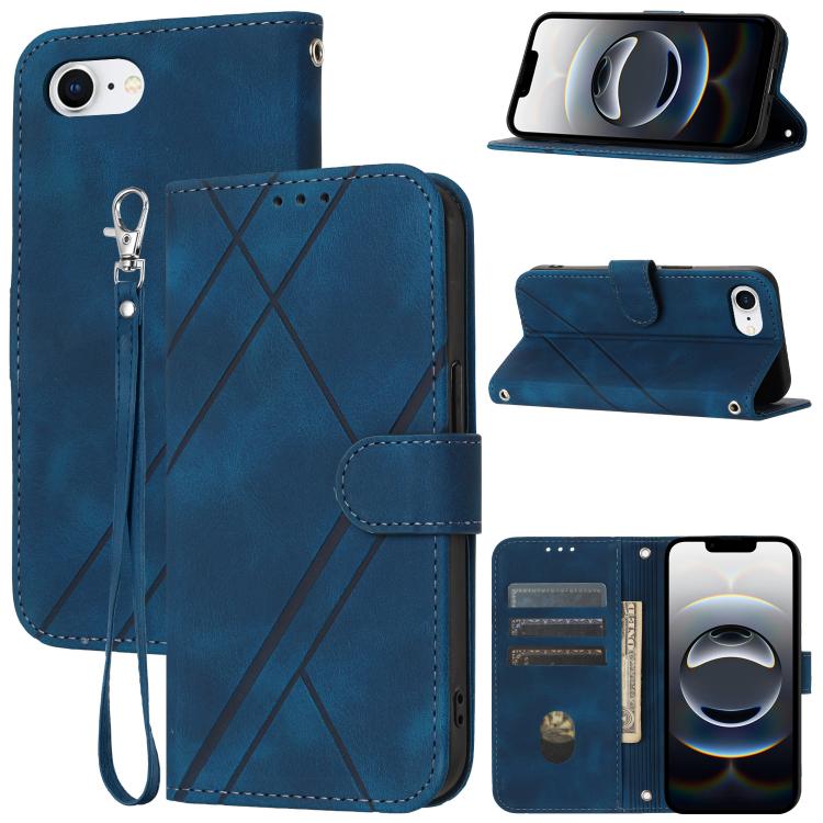 For iPhone 16e Embossed Line Leather Phone Case with Lanyard(Blue)