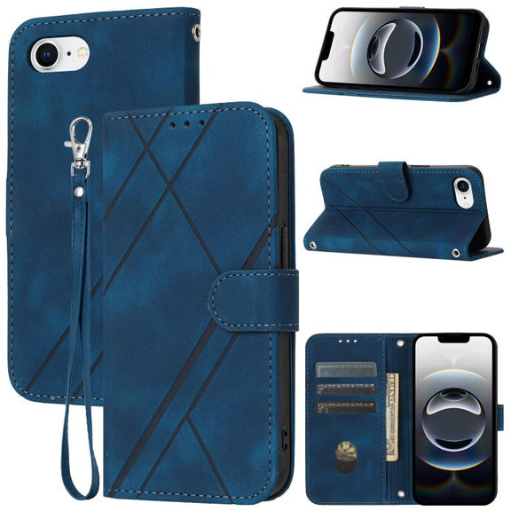 For iPhone 16e Embossed Line Leather Phone Case with Lanyard(Blue)