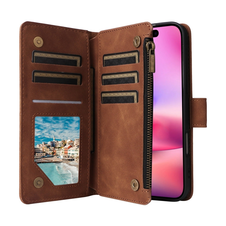 For iPhone 16 Crossbody Multi-card Slot Wallet Zipper Leather Phone Case(Brown)