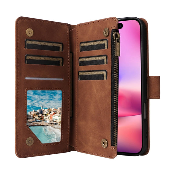 For iPhone 16 Crossbody Multi-card Slot Wallet Zipper Leather Phone Case(Brown)