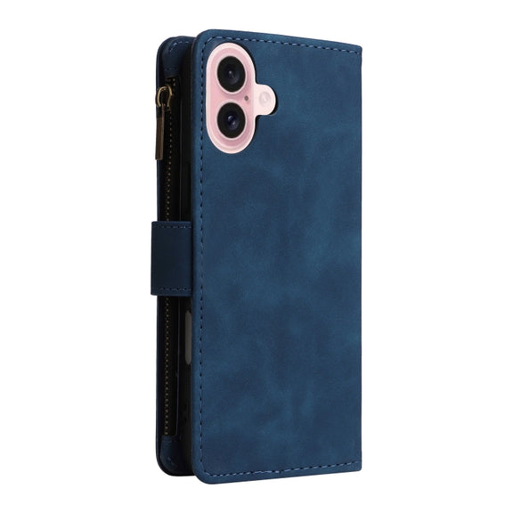 For iPhone 16 Plus Crossbody Multi-card Slot Wallet Zipper Leather Phone Case(Dark Blue)