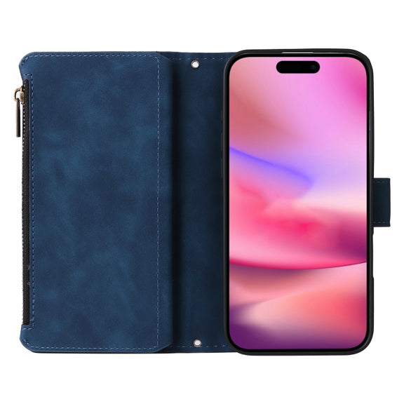 For iPhone 16 Plus Crossbody Multi-card Slot Wallet Zipper Leather Phone Case(Dark Blue)